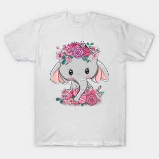 Cute little elephant with flowers on his head. T-Shirt